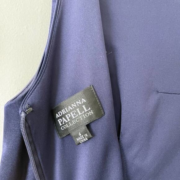 Adrianna Papell Collection Navy Blue Satin Pleated One Shoulder Formal Gown - Picture 3 of 4